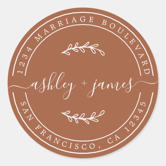 Elegante Namen TerraCotta Wedding Rücksendeadresse Runder Aufkleber (Vorderseite)