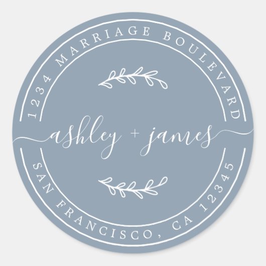 Elegante Names Blue Wedding Rücksendeadresse Runder Aufkleber (Vorderseite)