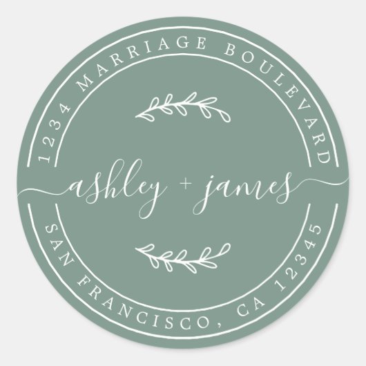 Elegante Names Dusty Green Wedding Rücksendeadress Runder Aufkleber (Vorderseite)