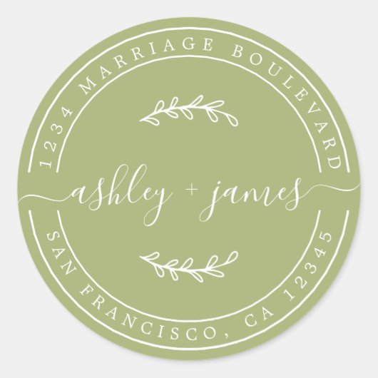 Elegante Names Leaf Green Wedding Rücksendeadresse Runder Aufkleber (Vorderseite)