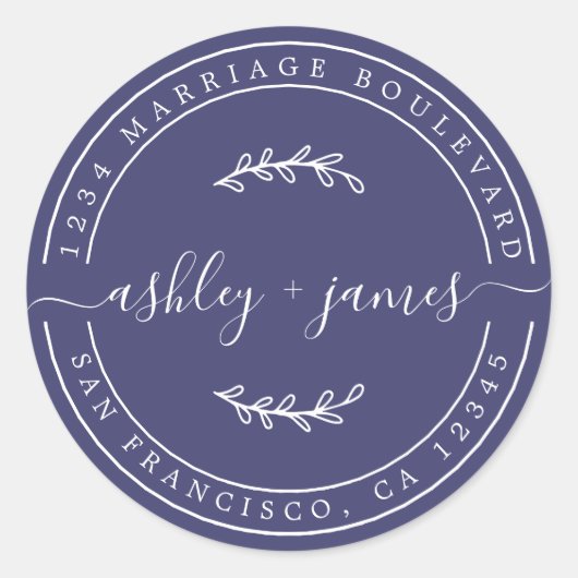 Elegante Names Navy Blue Wedding Rücksendeadresse Runder Aufkleber (Vorderseite)
