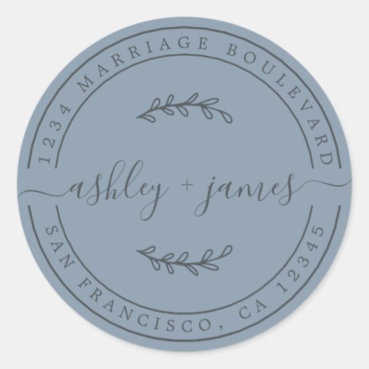 Elegante Names Pastel Blue Wedding Rücksendeadress Runder Aufkleber (Vorderseite)