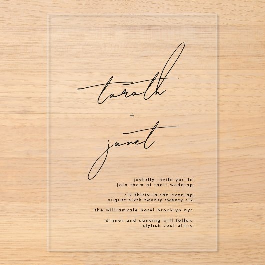 Elegante NAMES | Stilvolle Schwarz-Weiß-Hochzeit Acryleinladungen (Vorderseite)