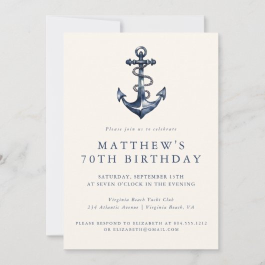 Elegante Nautical Anchor Erwachsene Party Einladun Einladung (Vorderseite)