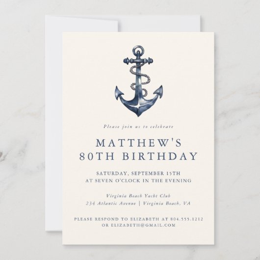 Elegante Nautical Anchor Erwachsene Party Einladun Einladung (Vorderseite)