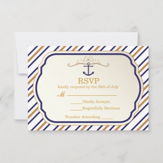 Elegante nautical Anchor Gold Blue White RSVP Card (Vorderseite)