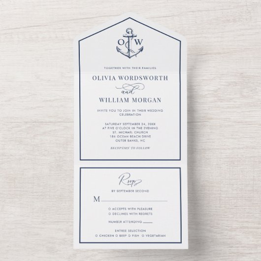 Elegante Nautical Anchor Monogram Frame Wedding All In One Einladung (Innen Boden)