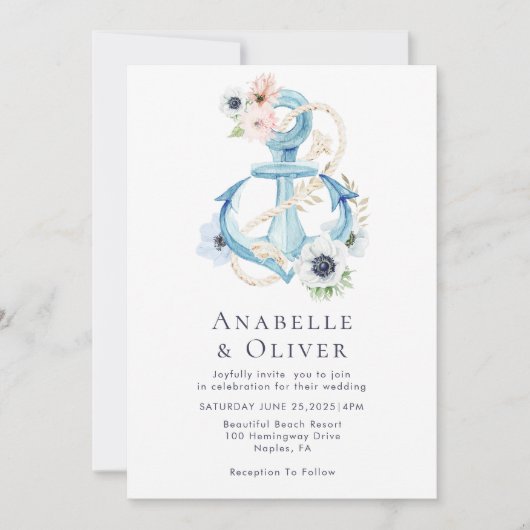 Elegante Nautical Floral Anchor Hochzeit Einladung (Vorderseite)