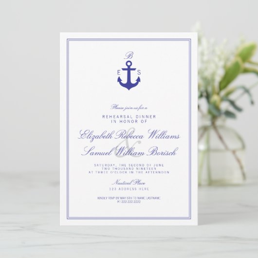 Elegante Nautical Monogram Probe Dinner Einladung (Stehend Vorderseite)