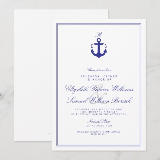 Elegante Nautical Monogram Probe Dinner Einladung (Vorne/Hinten)