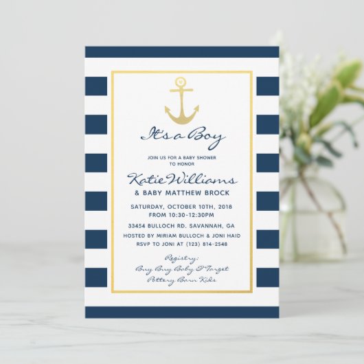 Elegante Nautical Navy und Gold Boy Baby Shower Einladung (Stehend Vorderseite)