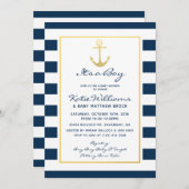 Elegante Nautical Navy und Gold Boy Baby Shower Einladung (Vorne/Hinten)