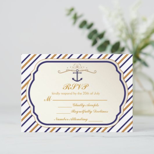 Elegante Nautical Striped Blue Gold Anker UAWG RSVP Karte (Stehend Vorderseite)
