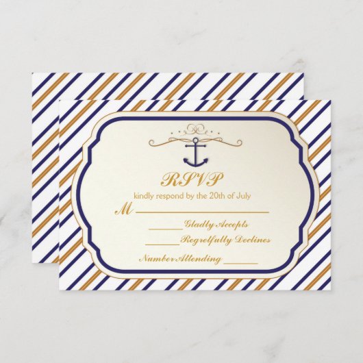 Elegante Nautical Striped Blue Gold Anker UAWG RSVP Karte (Vorne/Hinten)
