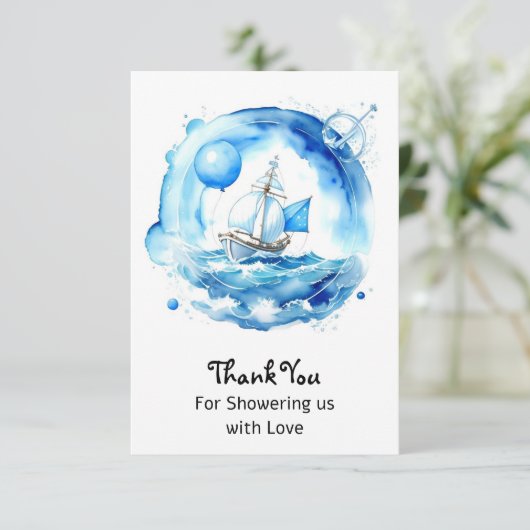 Elegante Nautical Watercolor Boy Baby Shower Dankeskarte (Stehend Vorderseite)