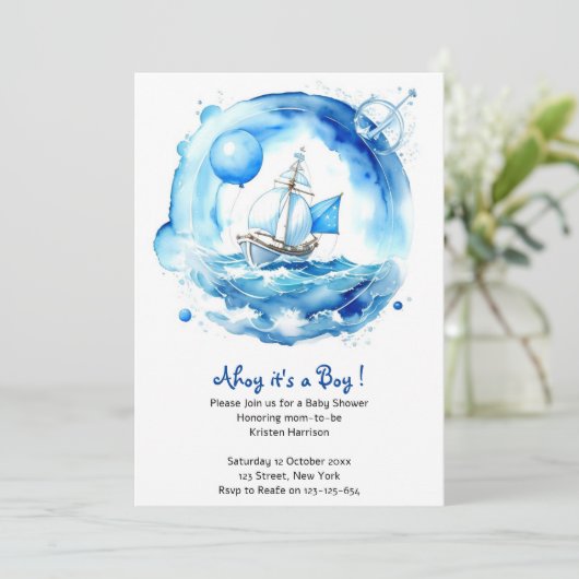 Elegante Nautical Watercolor Boy Baby Shower Einladung (Stehend Vorderseite)
