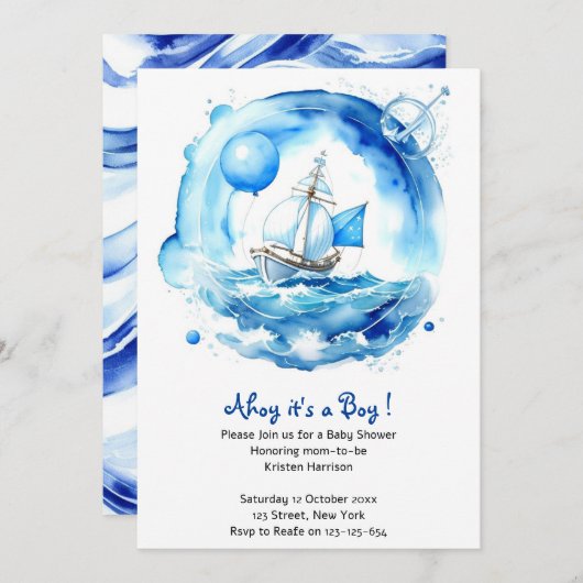 Elegante Nautical Watercolor Boy Baby Shower Einladung (Vorne/Hinten)
