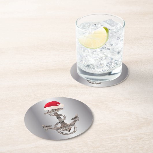 elegante nautische ANCHOR + WEIHNACHTSMANNMÜTZE | Runder Pappuntersetzer (Vor Ort)