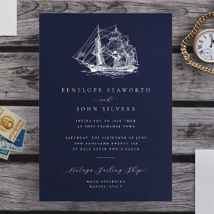 Elegante nautische Schiffillustration Navy-Hochzei Einladung