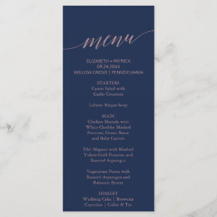 Elegante Navy and Rose Calligraphy Dinner Menu Car Menükarte