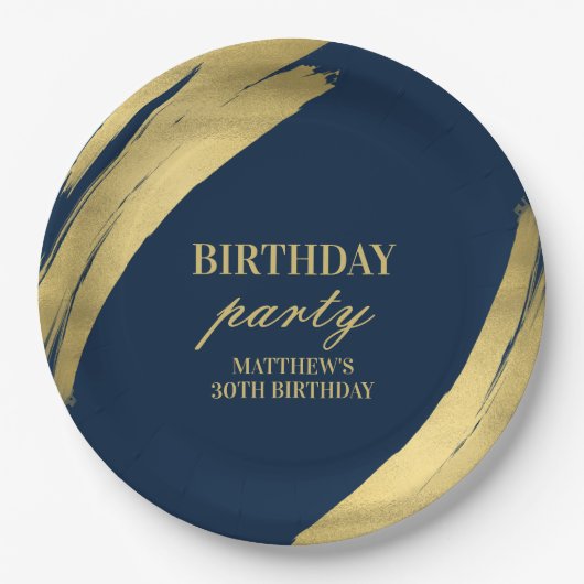 Elegante Navy Birthday Party Gold Foil Paper Plate Pappteller (Vorderseite)