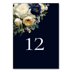 Elegante Navy-Blau-Blumen- und weiße Pfingstrosen- Tischnummer