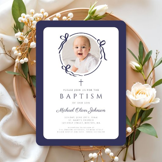 Elegante Navy-Blau-Bogen-Foto-Junge-Taufe Einladung