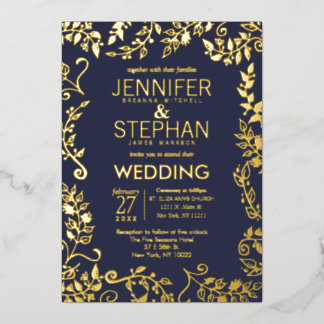 Elegante Navy-Blau-Echte-Gold-Blumen-Hochzeit Folieneinladung
