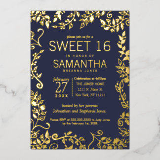 Elegante Navy-Blau-Echte-Gold-Blumen-Sweet-16 Folieneinladung