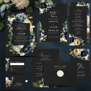 Elegante Navy-Blau-Floral- und weiße Pfingstrosen- Einladung