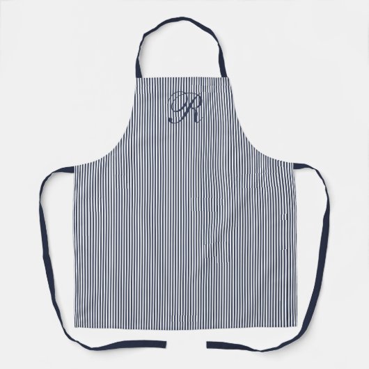 Elegante Navy-Blau gestreifte klassische Monogramm Schürze (Vorderseite)