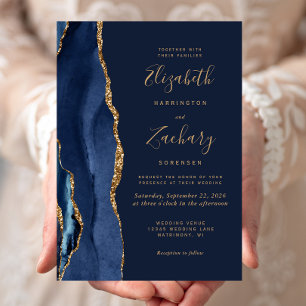 Elegante Navy-Blau-Gold-Achat-Hochzeit Einladung