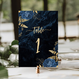 Elegante Navy Blau Gold Blumen Hochzeit Tischnummer