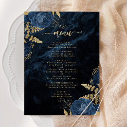 Elegante Navy-Blau-Gold-Blumen-Hochzeitsmenü Einladung