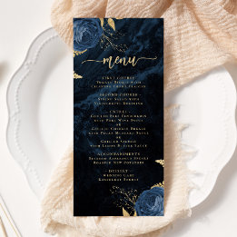Elegante Navy-Blau-Gold-Blumen-Hochzeitsmenü Menükarte