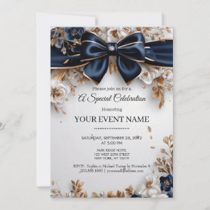 Elegante Navy Blau Gold Blumen Schleife Party Einladung