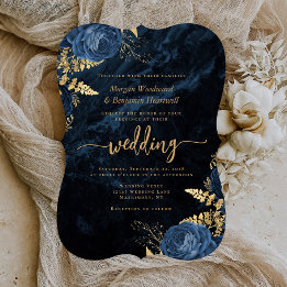 Elegante Navy-Blau-Gold-Blumenhalter-Hochzeit Einladung