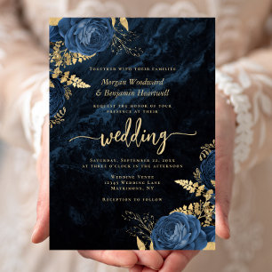 Elegante Navy-Blau-Gold-Blumenhochzeit Einladung