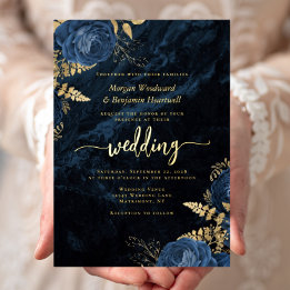 Elegante Navy-Blau-Gold-Blumenhochzeit Folieneinladung