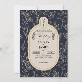 Elegante Navy-Blau-Gold-Botanische-Hochzeitseinlad