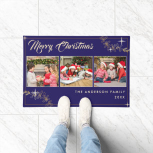 Elegante Navy Blau Gold Frohe Weihnachten 3 Foto Fußmatte