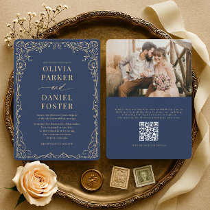 Elegante Navy-Blau-Gold-QR-Code-Foto-Hochzeit Einladung