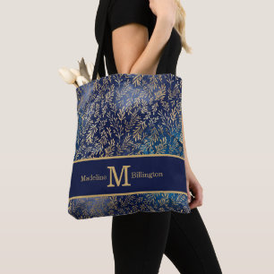 Elegante Navy Blau Goldene Blätter Monogramm Name Tasche