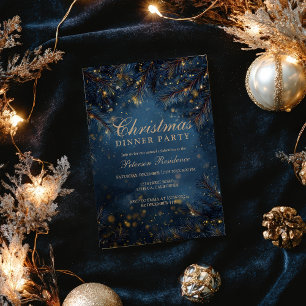 Elegante Navy Blau Goldene Lichter Tannenparty Wei Einladung