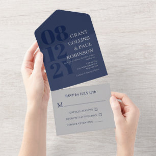 Elegante Navy-Blau-Graue-Typografie-Hochzeit All In One Einladung