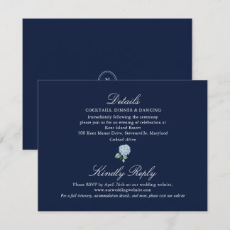 Elegante Navy-Blau-Hortensien-Details-Beilagekarte Begleitkarte