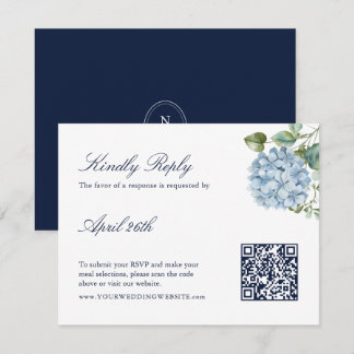 Elegante Navy-Blau-Hortensien-Hochzeit QR-Code-RSV RSVP Karte