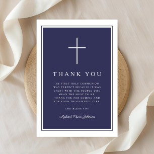 Elegante Navy-Blau-Kreuz-Junge-Erste-Heilige-Kommu Dankeskarte