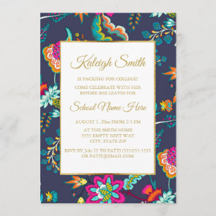 Elegante Navy-Blau mit Blumen Gold Koffer Party Einladung
