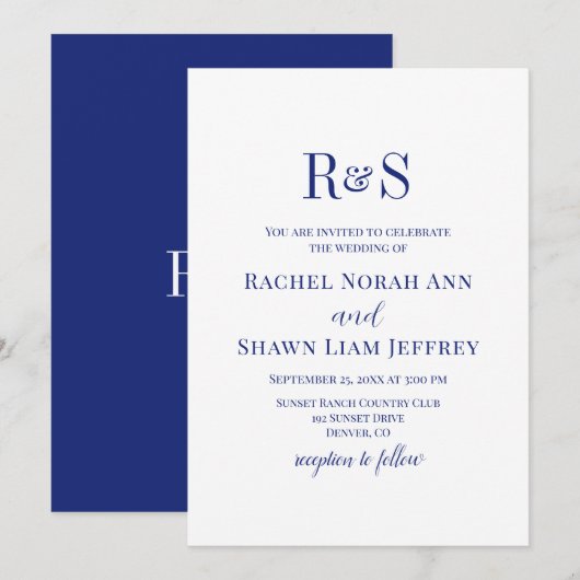 Elegante Navy-Blau Moderne Monogramm-Hochzeit Einladung (Vorne/Hinten)
